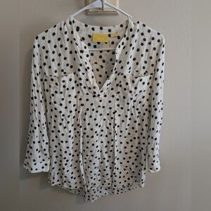 Anthropologie Maeve Top Womens Small White Black Polka Dot Henley Retro Rayon